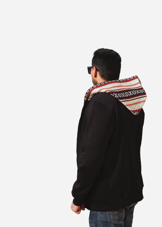 هودي أسود بسحاب مع غطاء رأس بدوي
