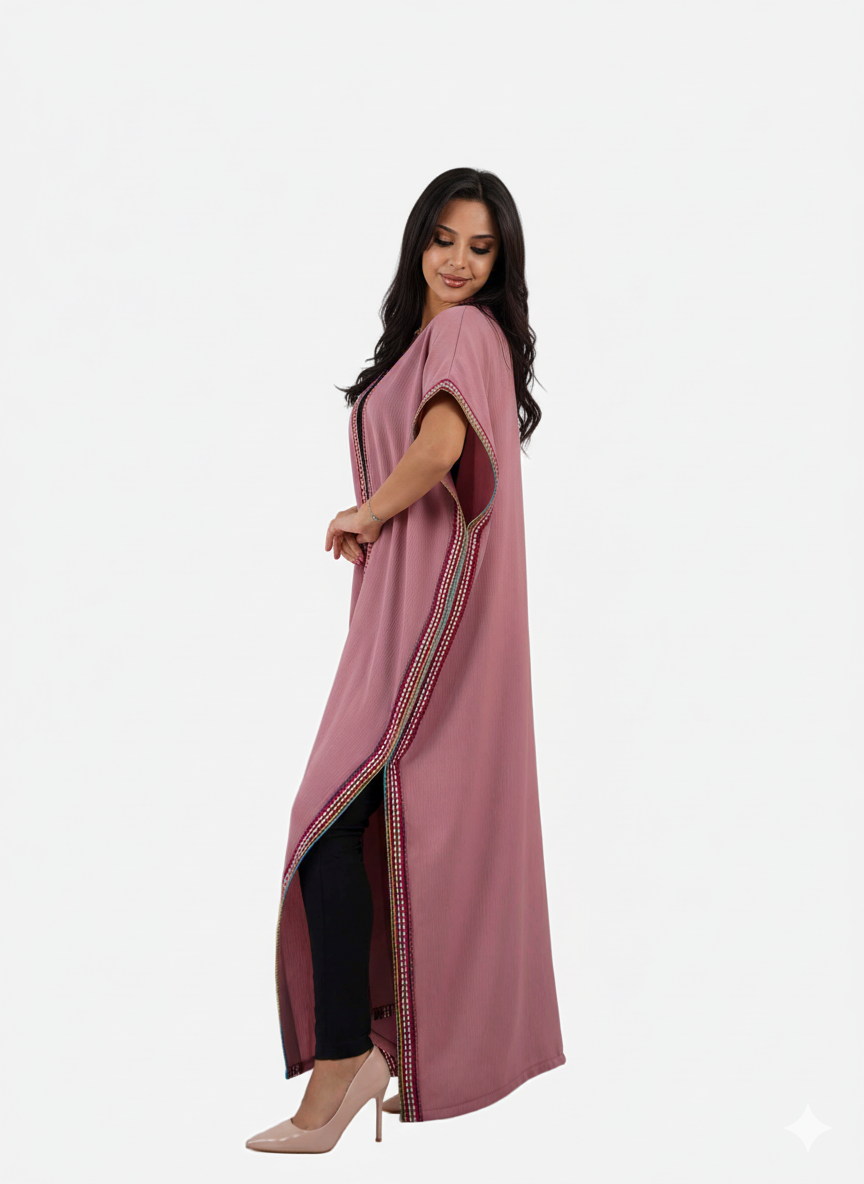 Rose Satin Abaya with Luxurious Embroidered Sadu
