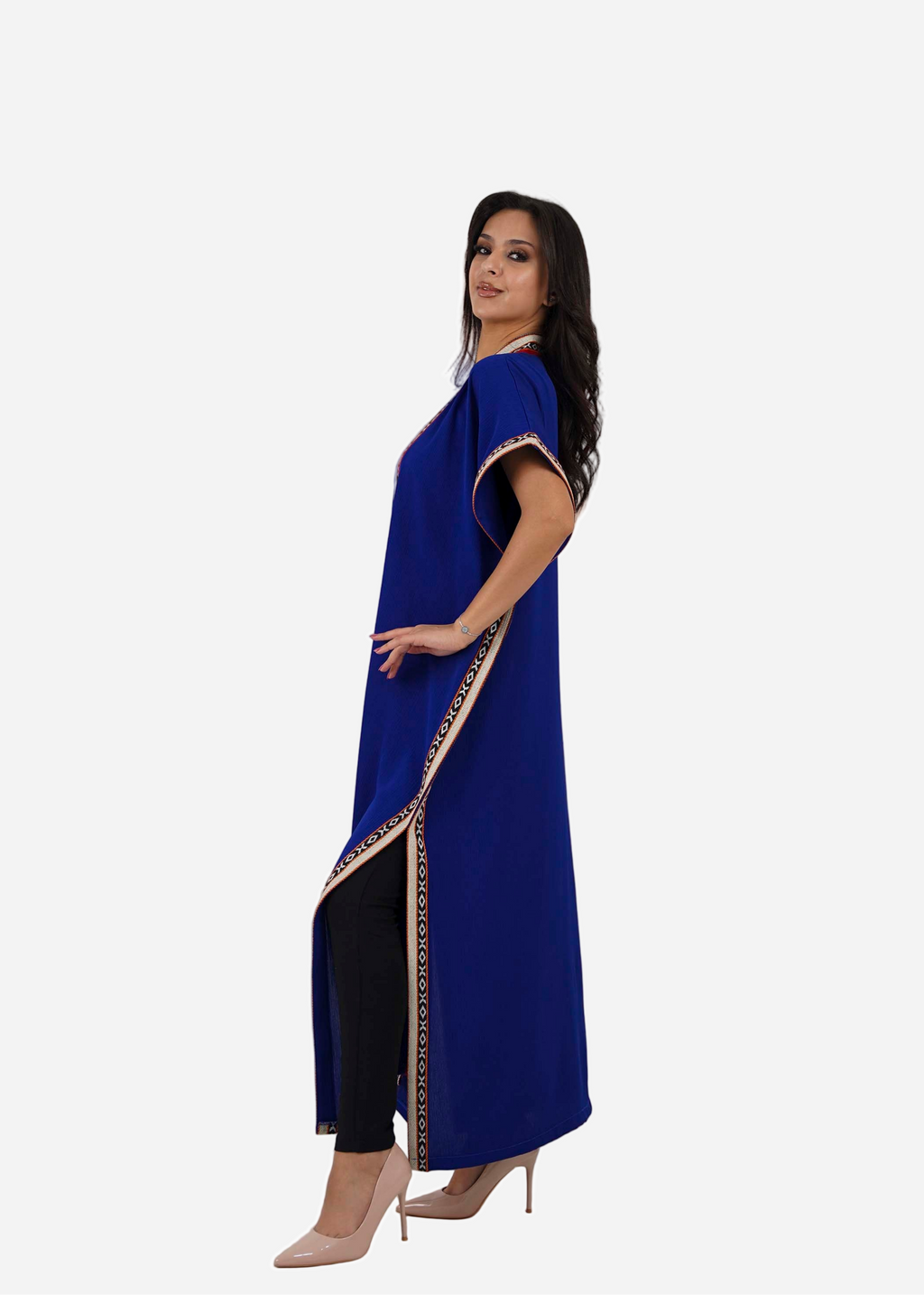 Lapis Blue Satin Abaya with Luxurious Embroidered Sadu