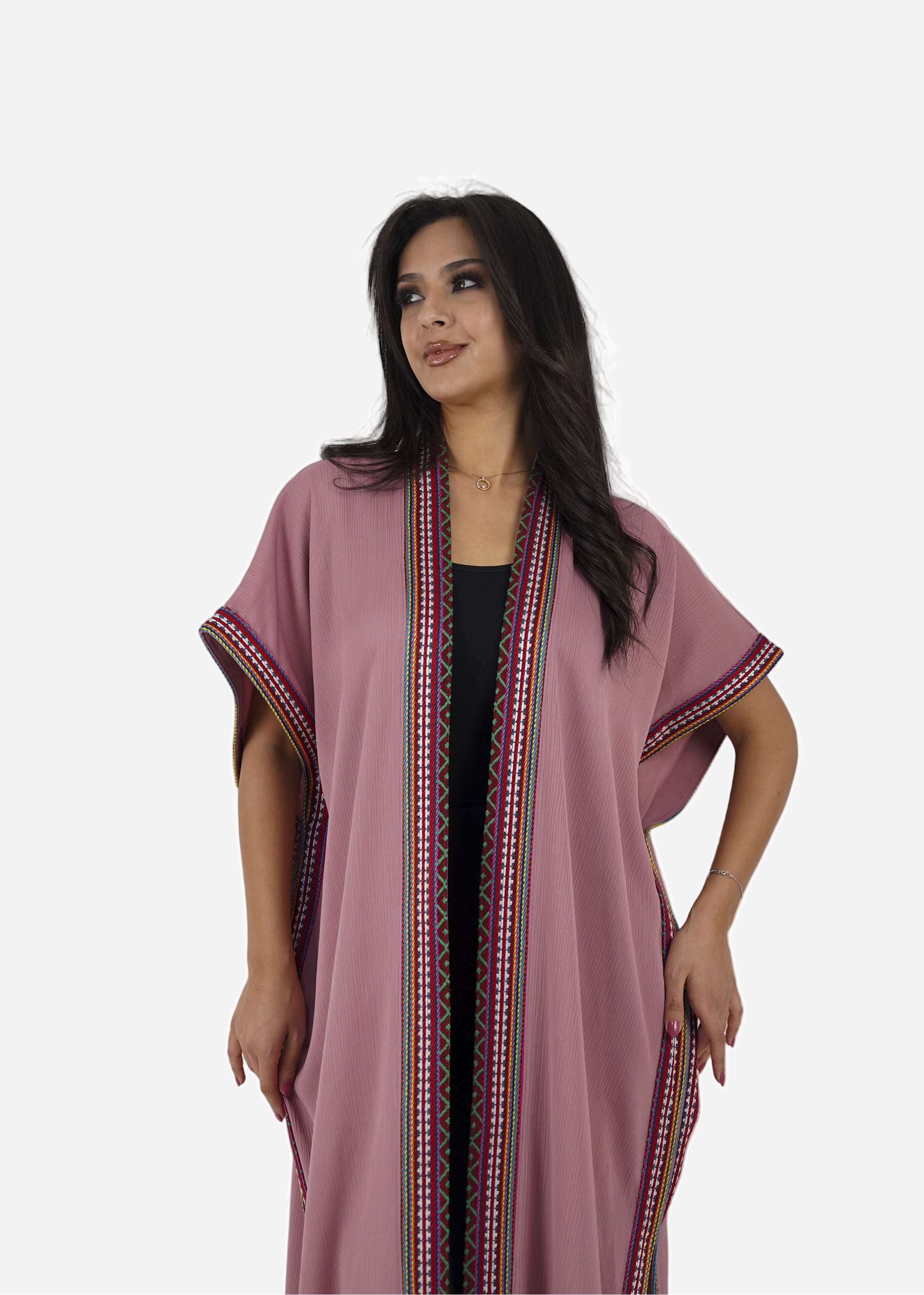 Rose Satin Abaya with Luxurious Embroidered Sadu