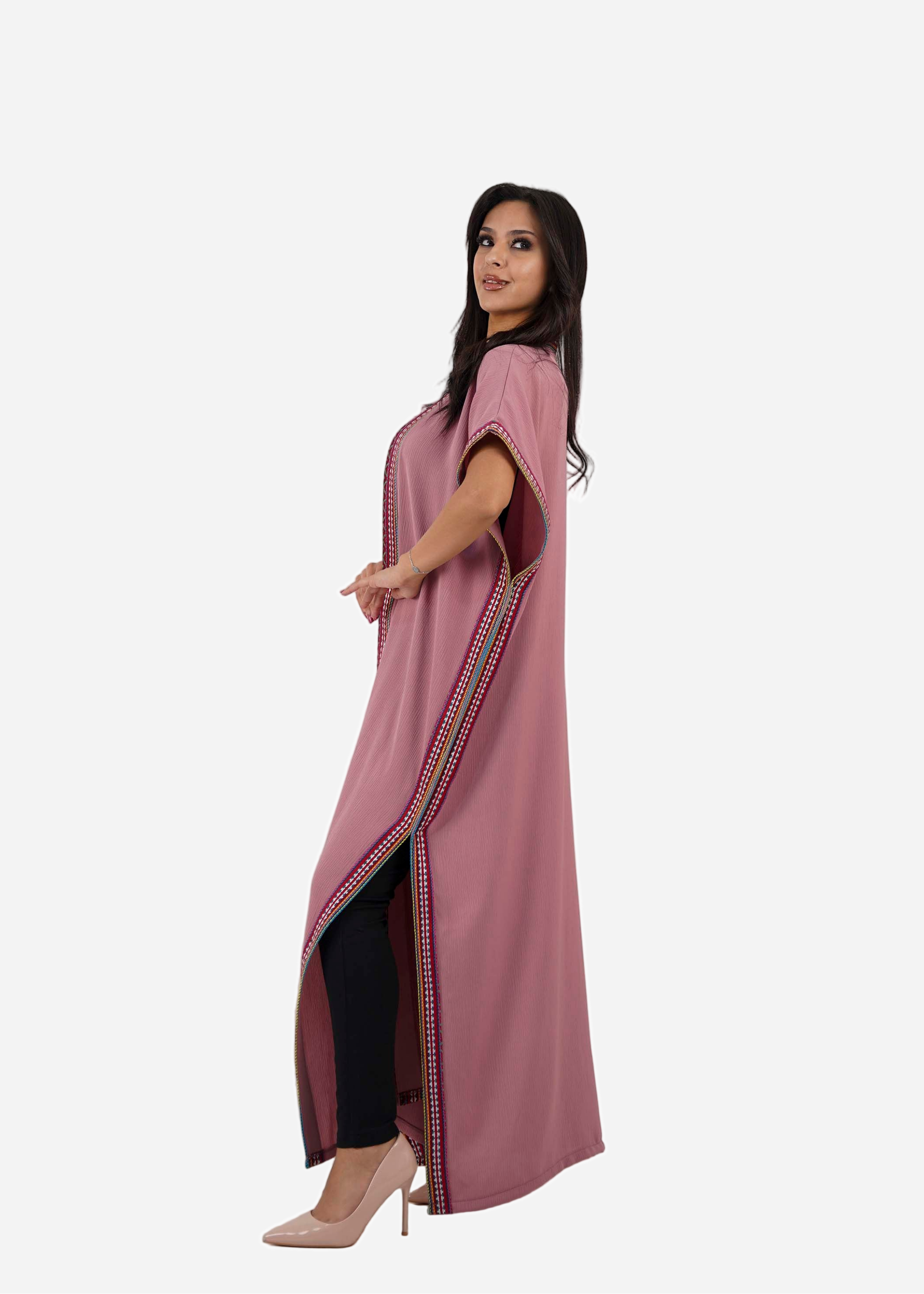 Rose Satin Abaya with Luxurious Embroidered Sadu
