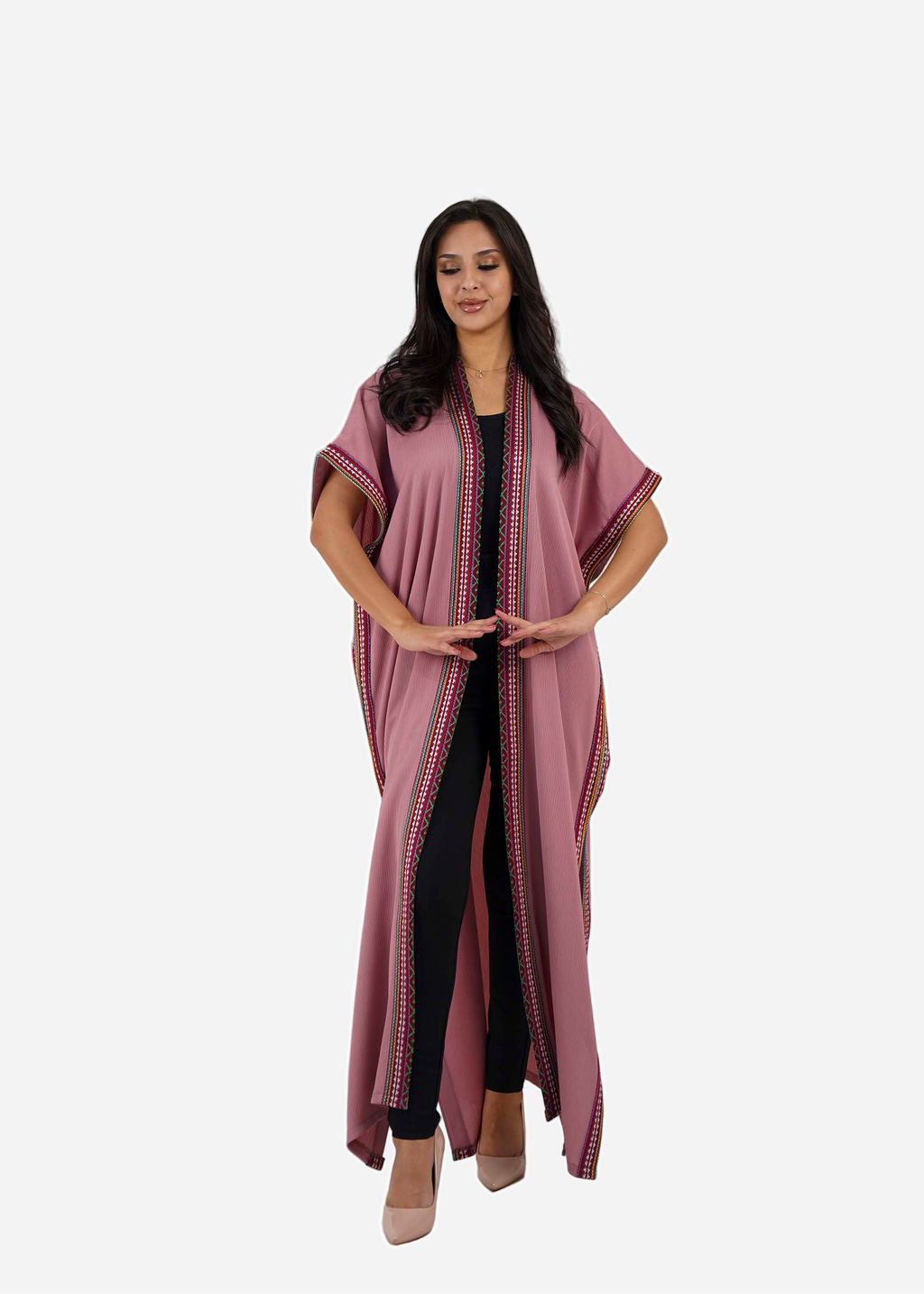 Rose Satin Abaya with Luxurious Embroidered Sadu