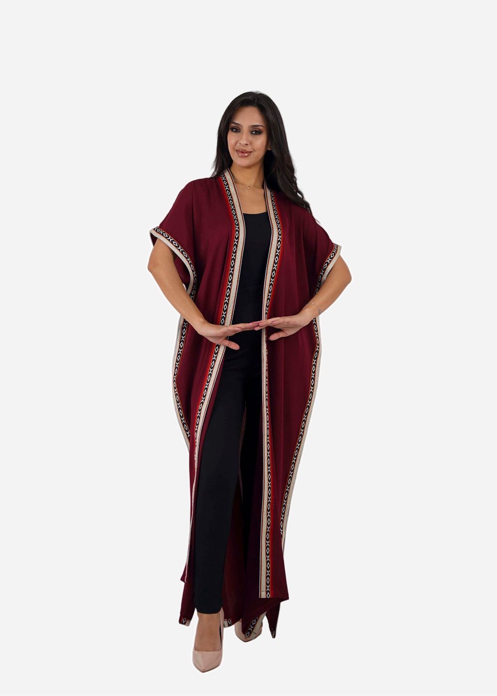 Burgundy Satin Abaya with Luxurious Embroidered Sadu