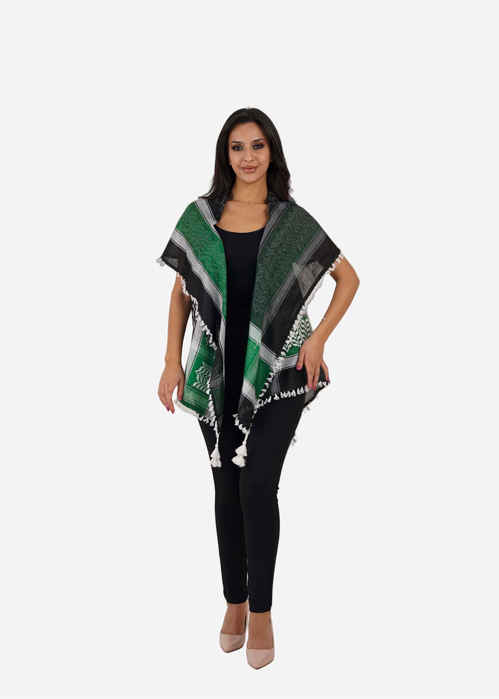 Woman wearing a green and black patterned shawl on a white background