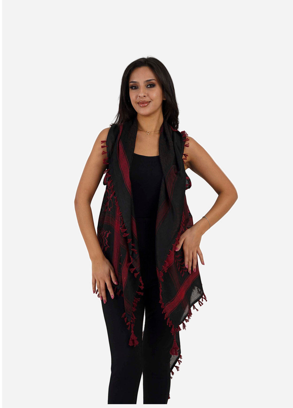 Woman wearing a black and red scarf on a white background