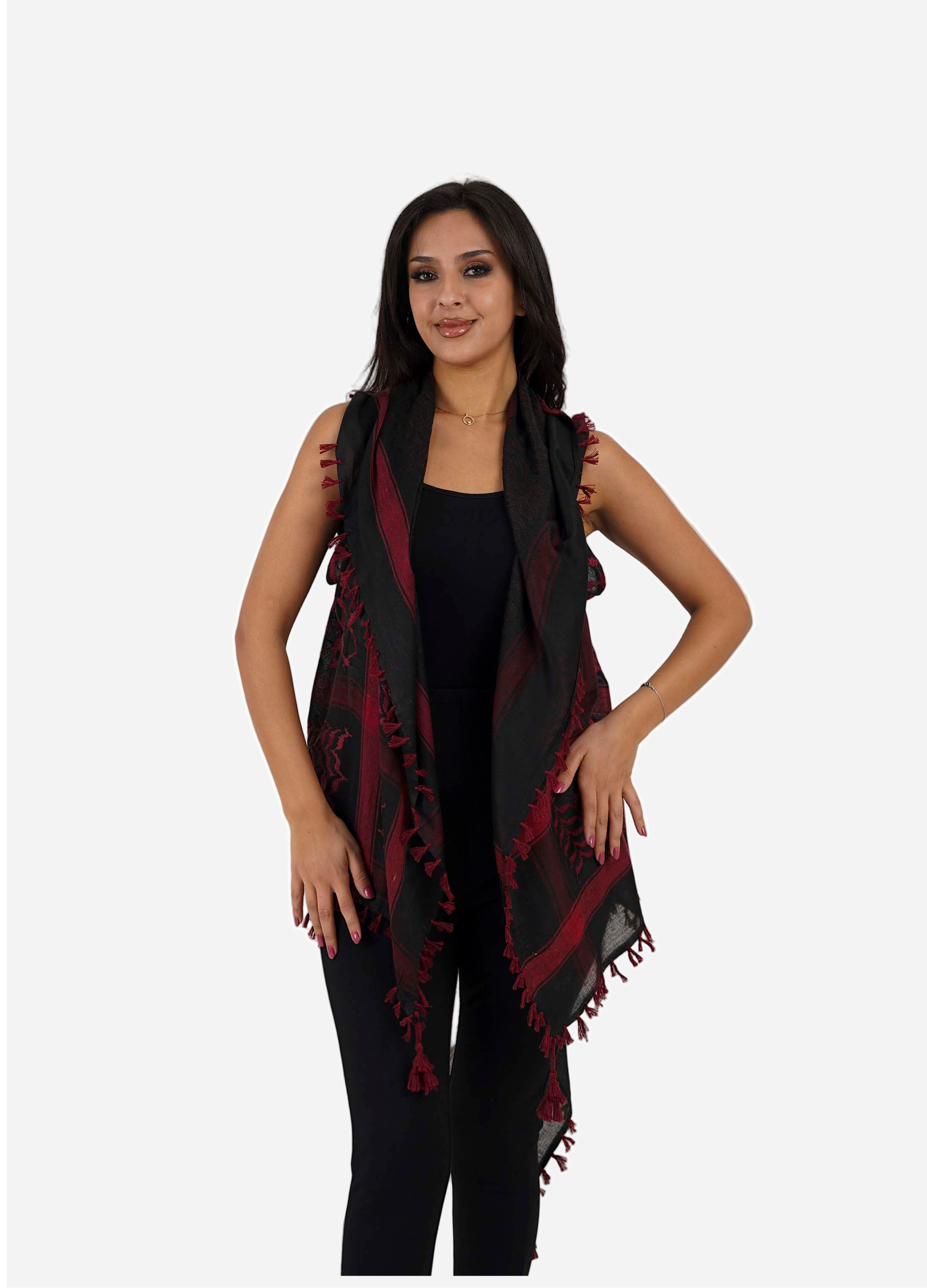 Woman wearing a black and red scarf on a white background