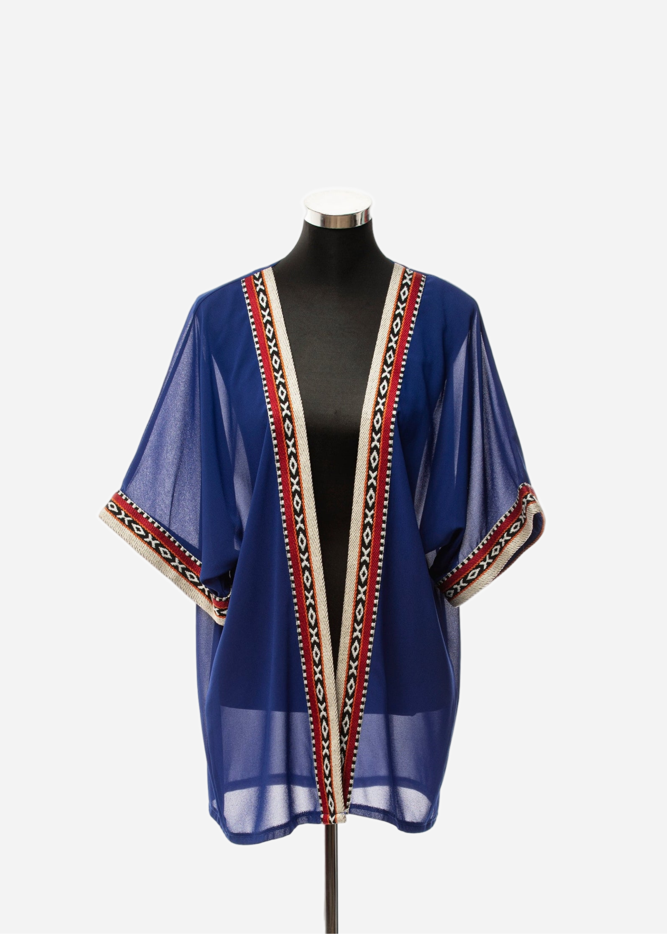 Blue kimono-style garment with decorative trim on a mannequin against a white background