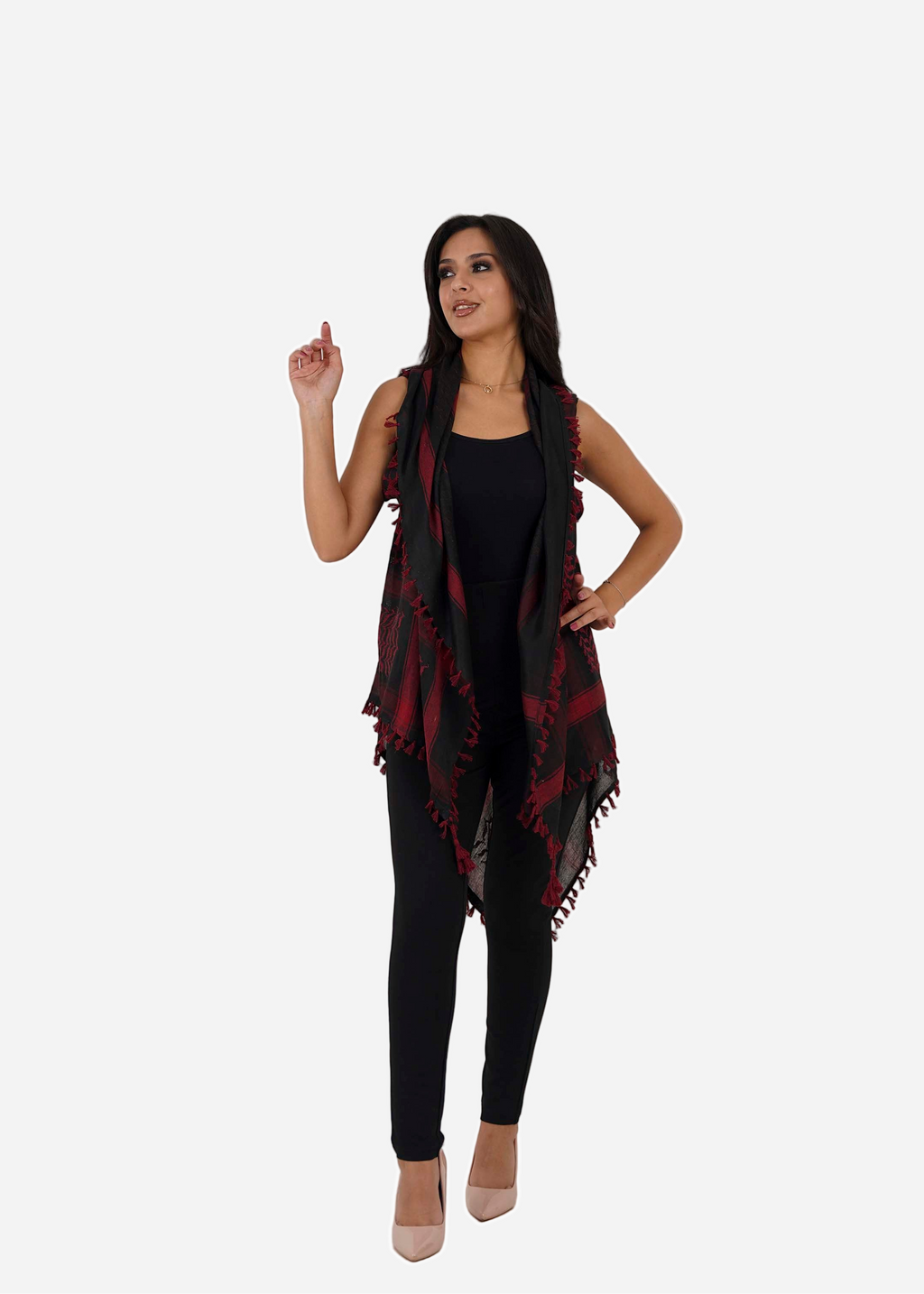 Woman wearing a black and red patterned scarf on a white background