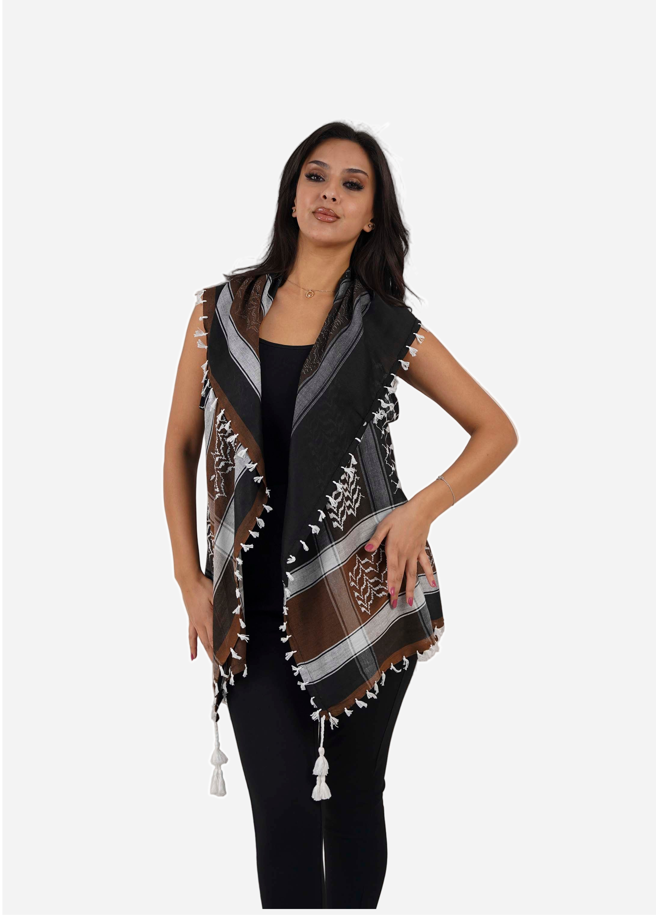 Woman wearing a patterned scarf on a white background