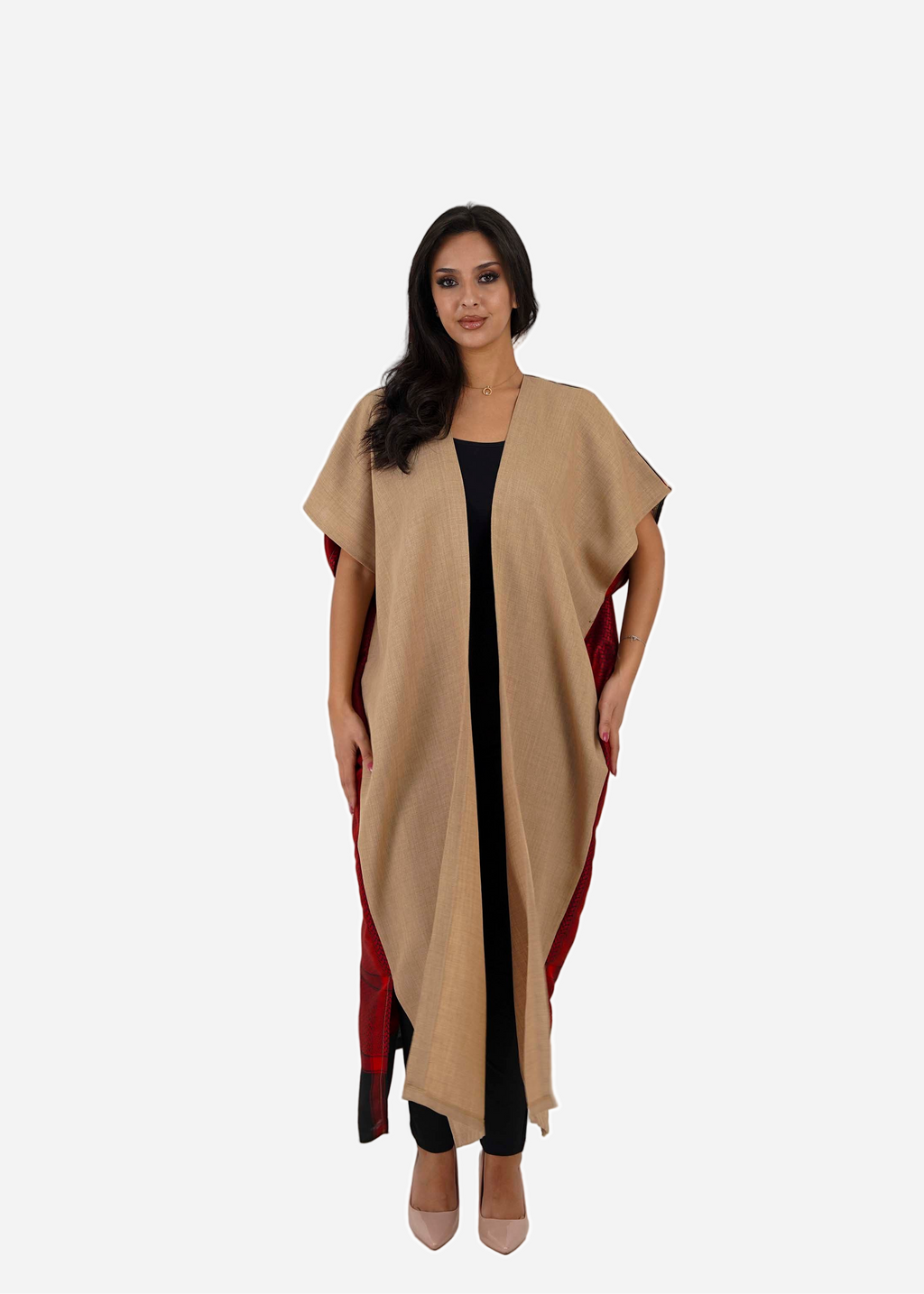 Beige Linen Abaya with Burgundy Back Shemagh
