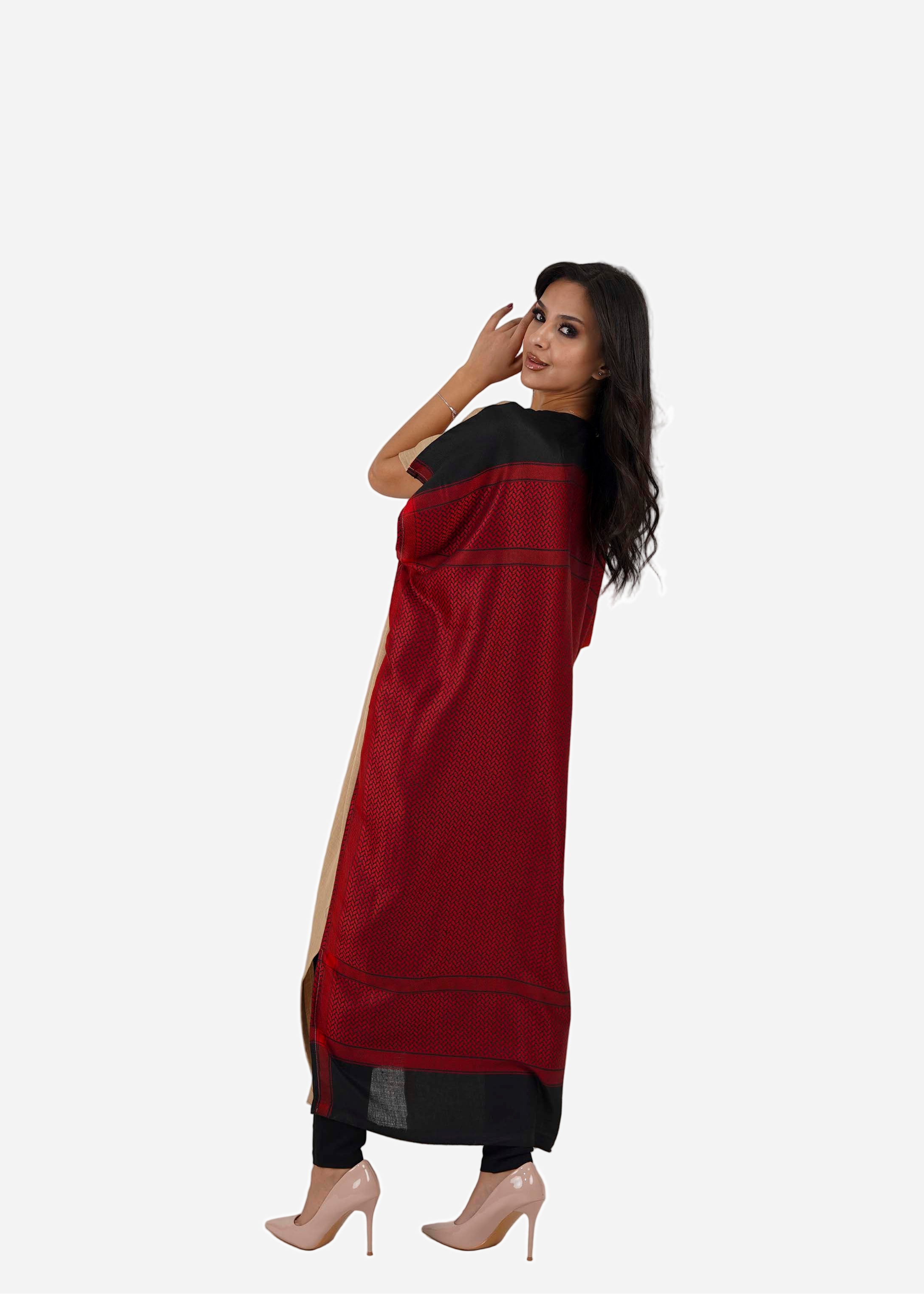 Beige Linen Abaya with Burgundy Back Shemagh