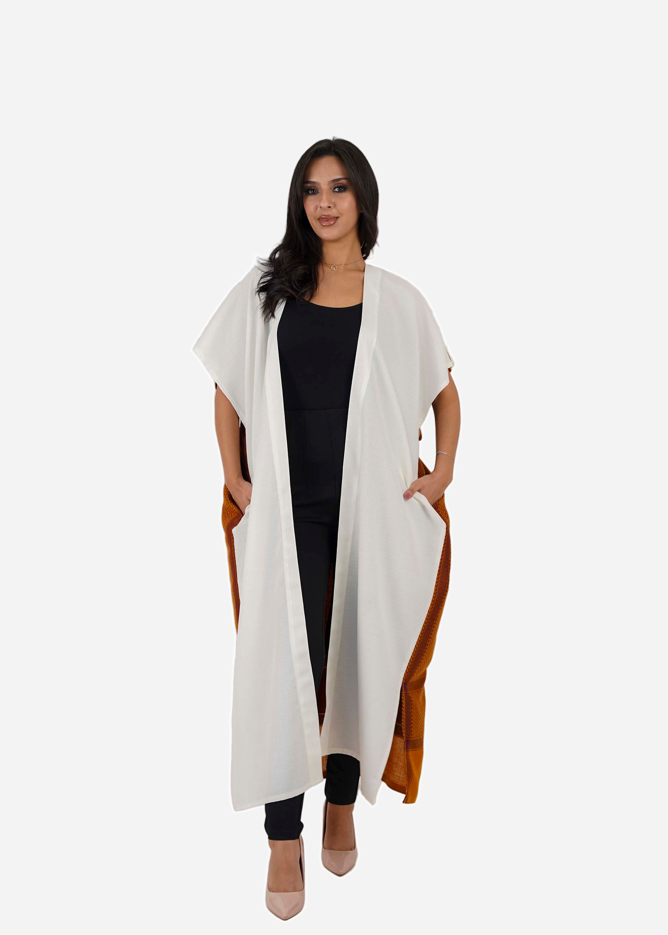 White Linen Abaya with Amber Back Shemagh