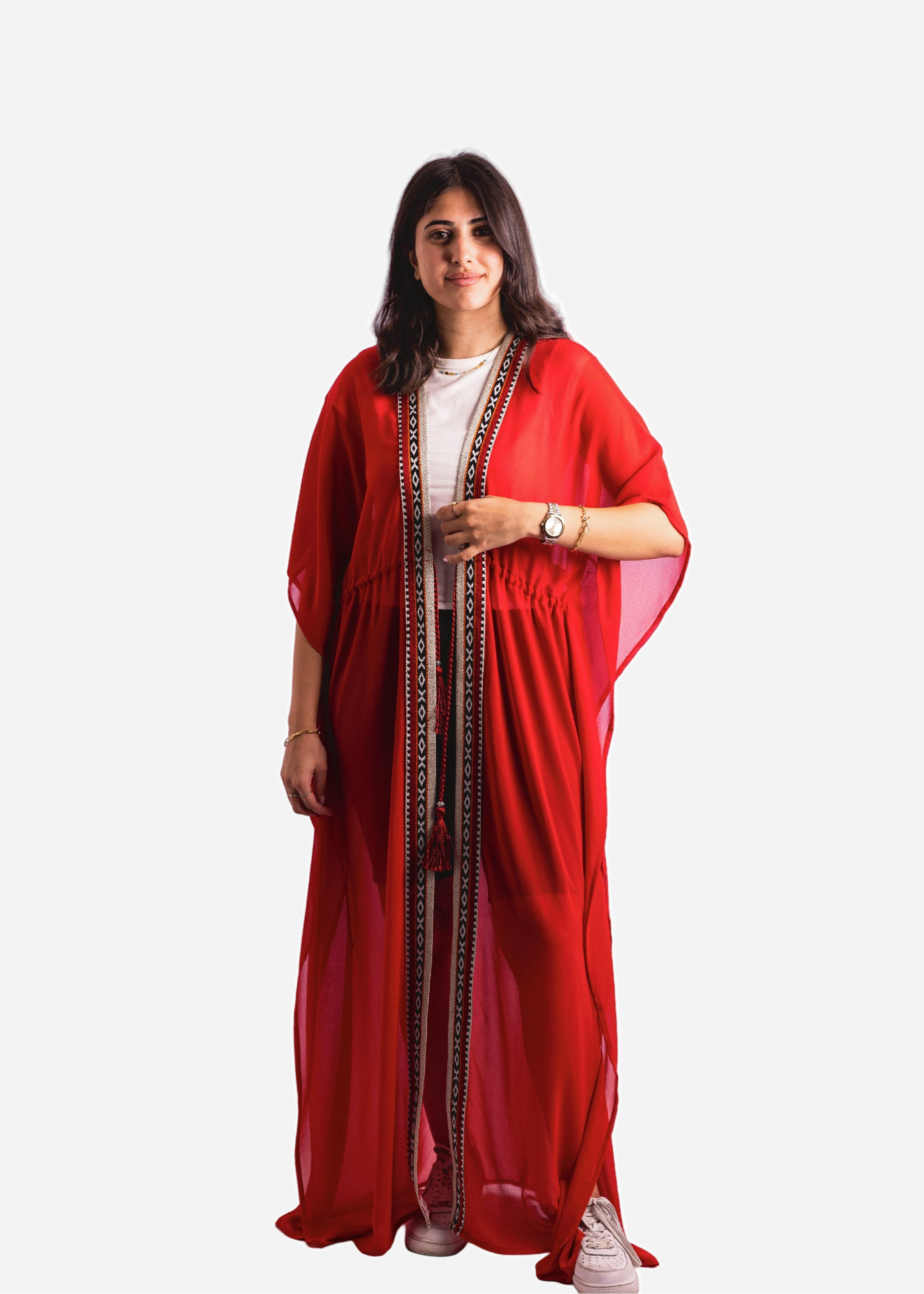Red Chiffon Long Cover-Up Sadu and Tassel Belt