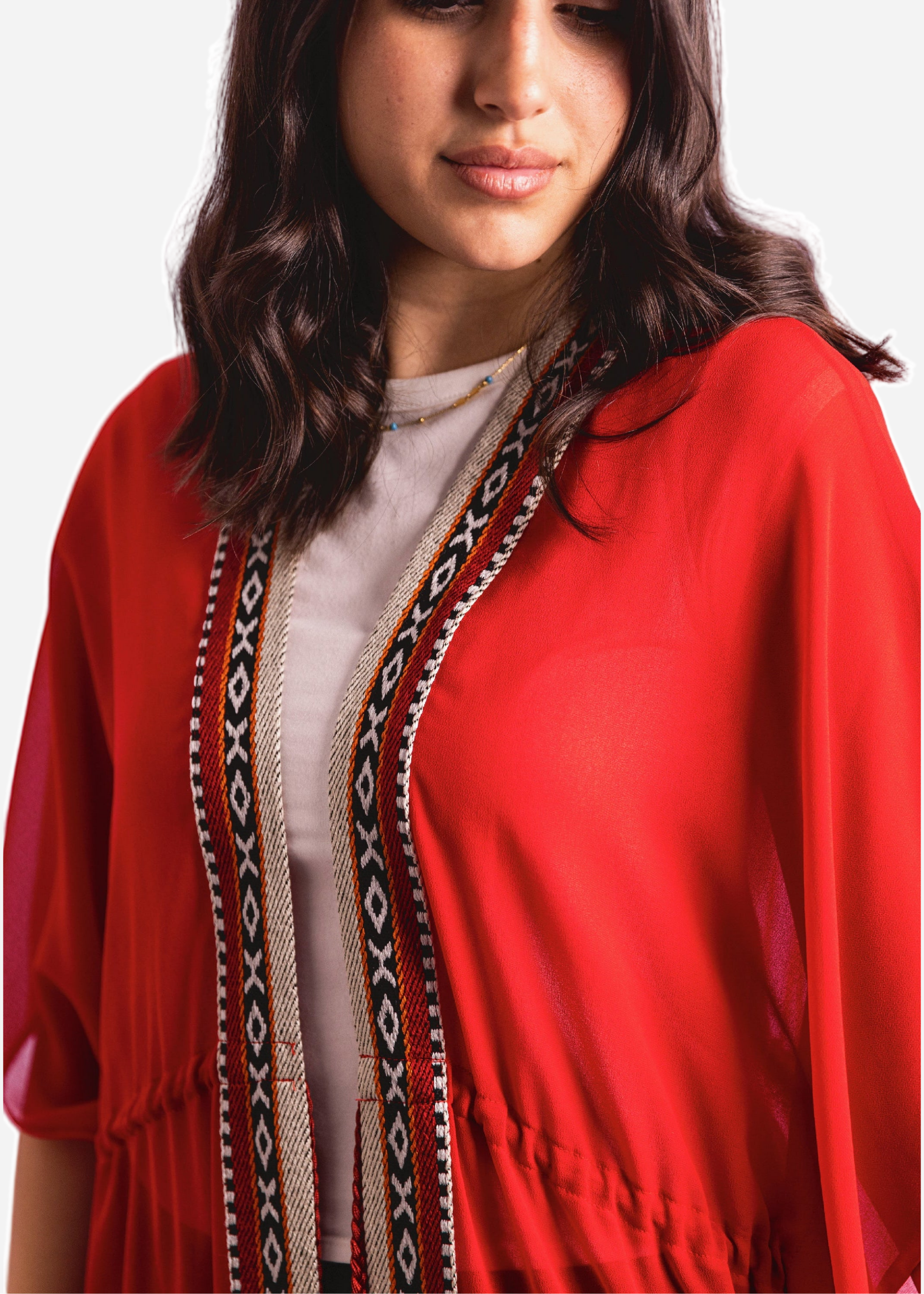 Red Chiffon Long Cover-Up Sadu and Tassel Belt