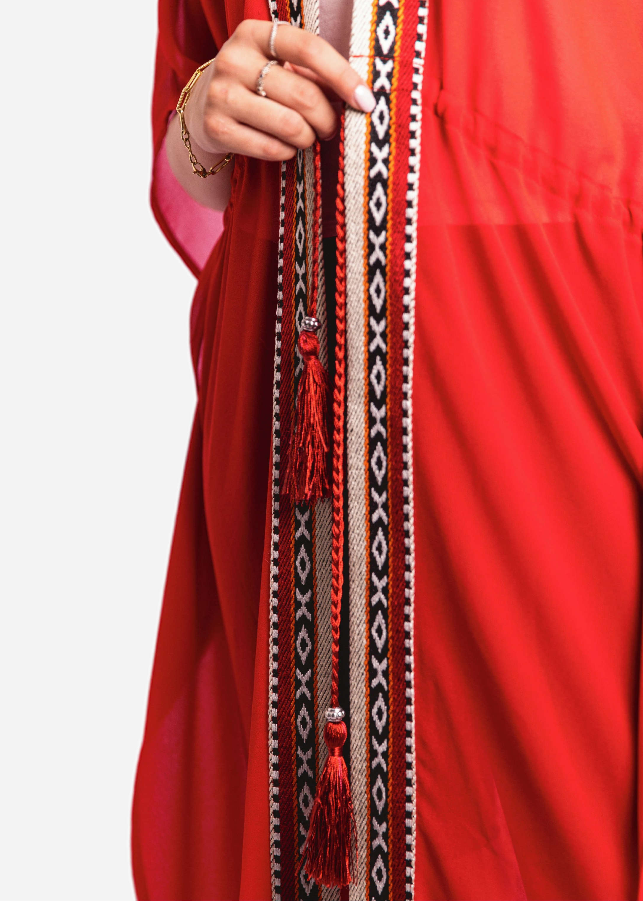 Red Chiffon Long Cover-Up Sadu and Tassel Belt