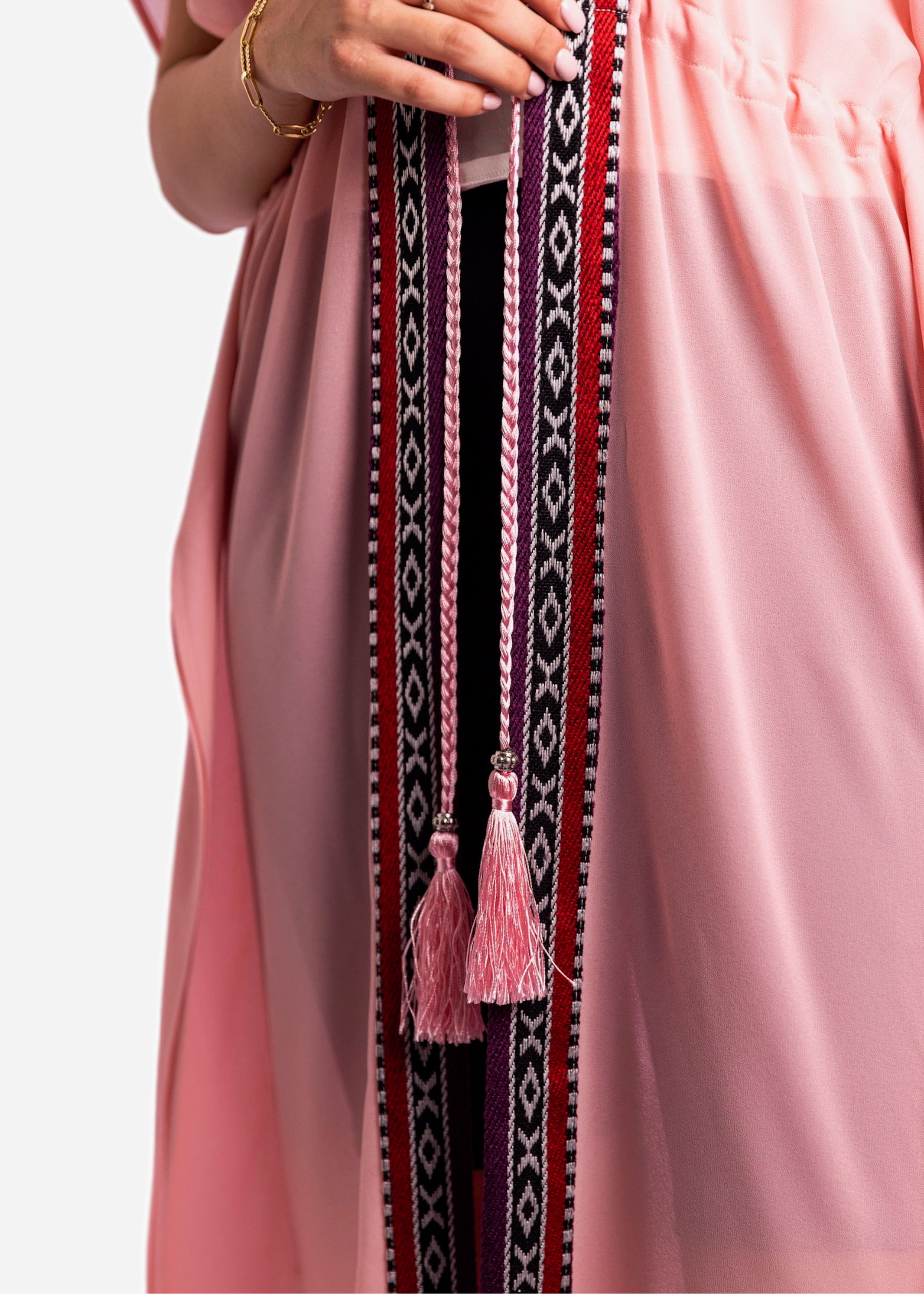 Pink Chiffon Long Cover-Up Sadu and Tassel Belt