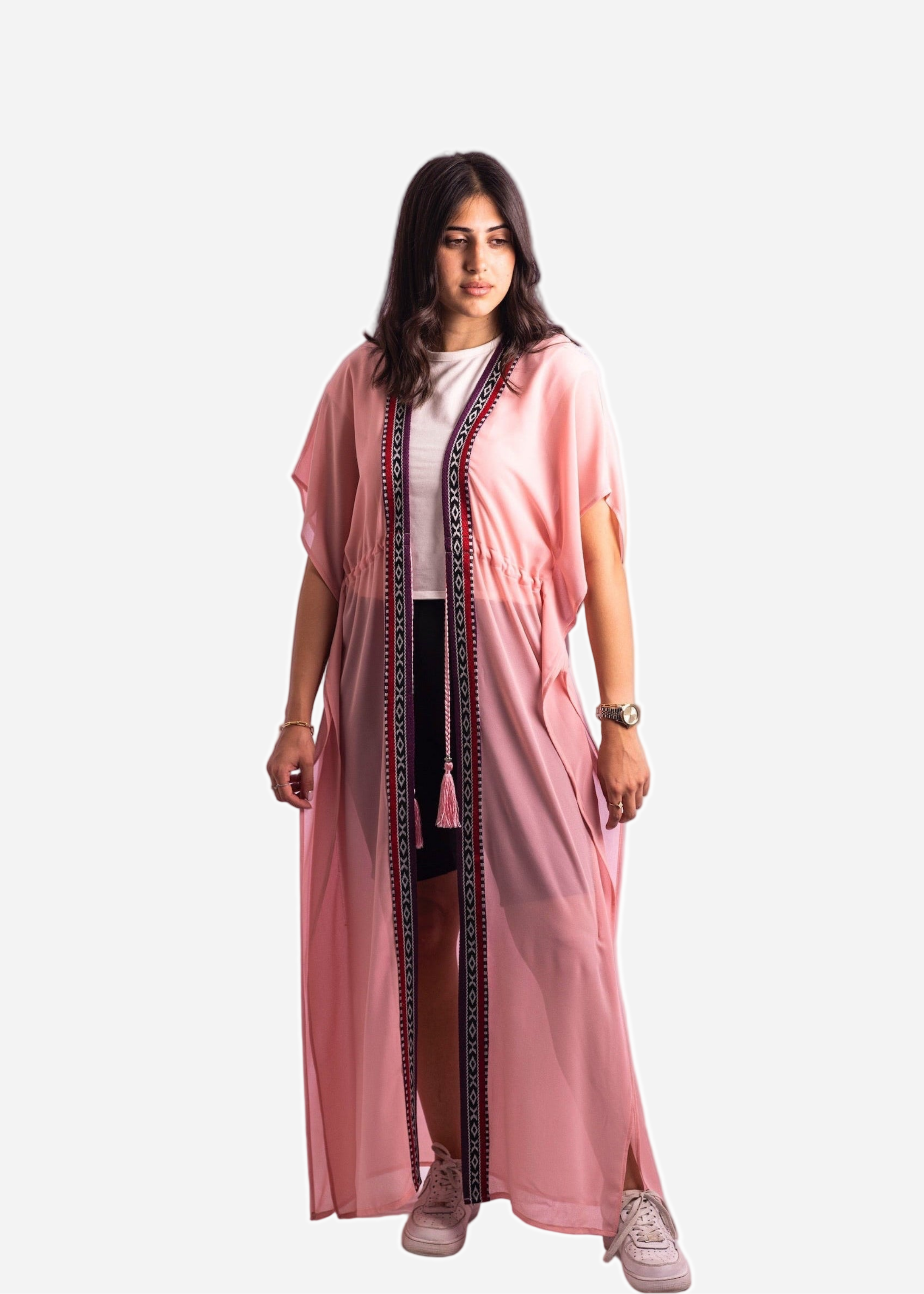 Pink Chiffon Long Cover-Up Sadu and Tassel Belt