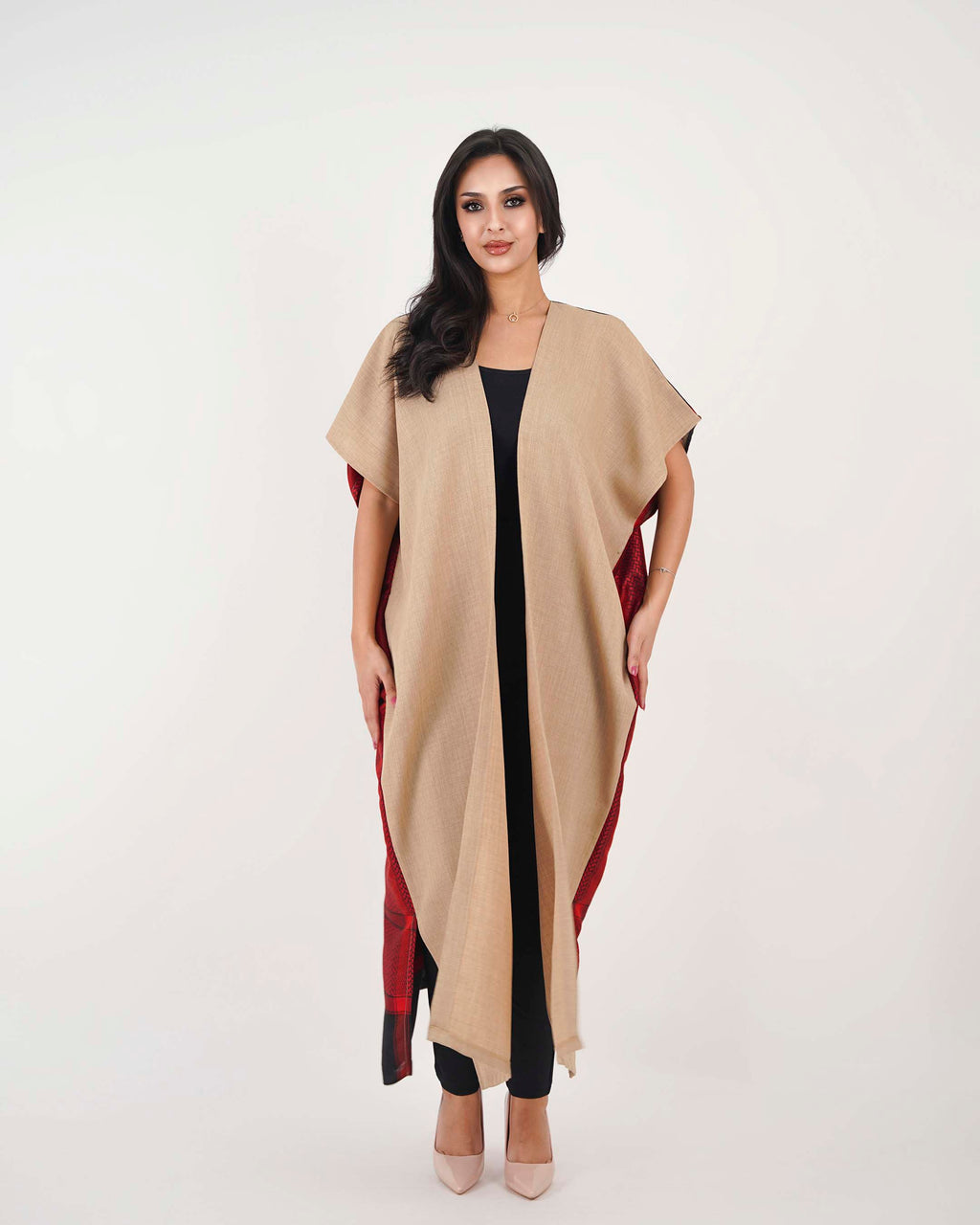 Beige Linen Abaya with Burgundy Back Shemagh