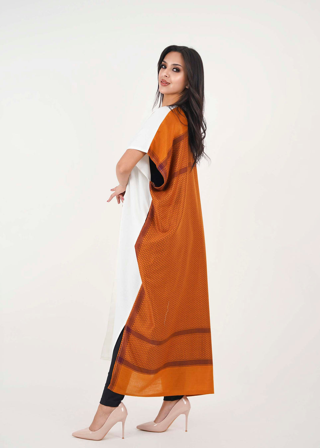 White Linen Abaya with Amber Back Shemagh