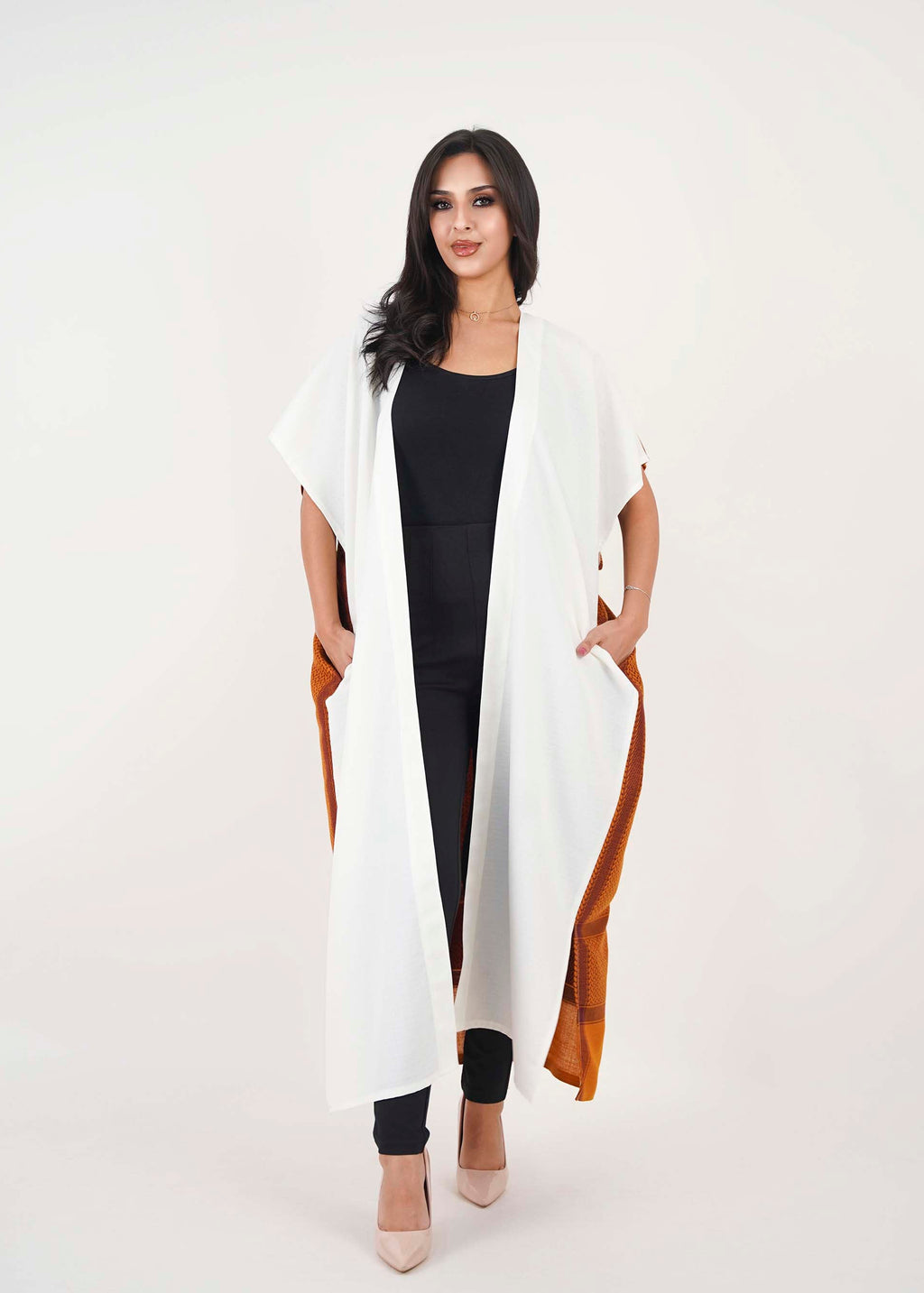 White Linen Abaya with Amber Back Shemagh