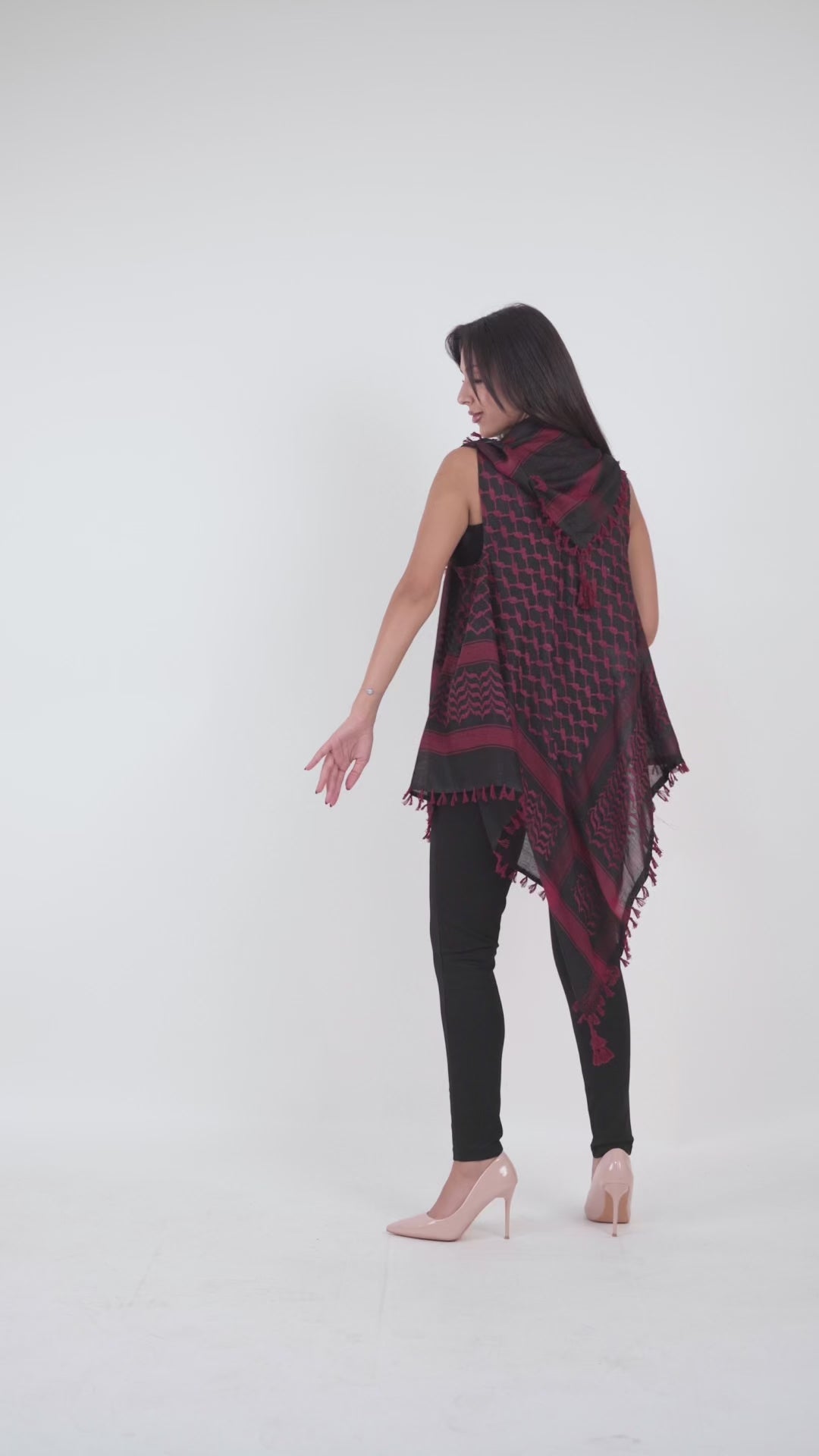 Black & Burgundy Keffiyeh Vest with Tassel Model Video Product Previow