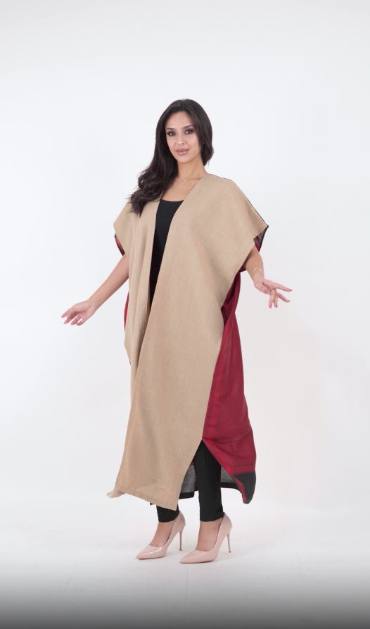Beige Linen Abaya with Burgundy Back Shemagh