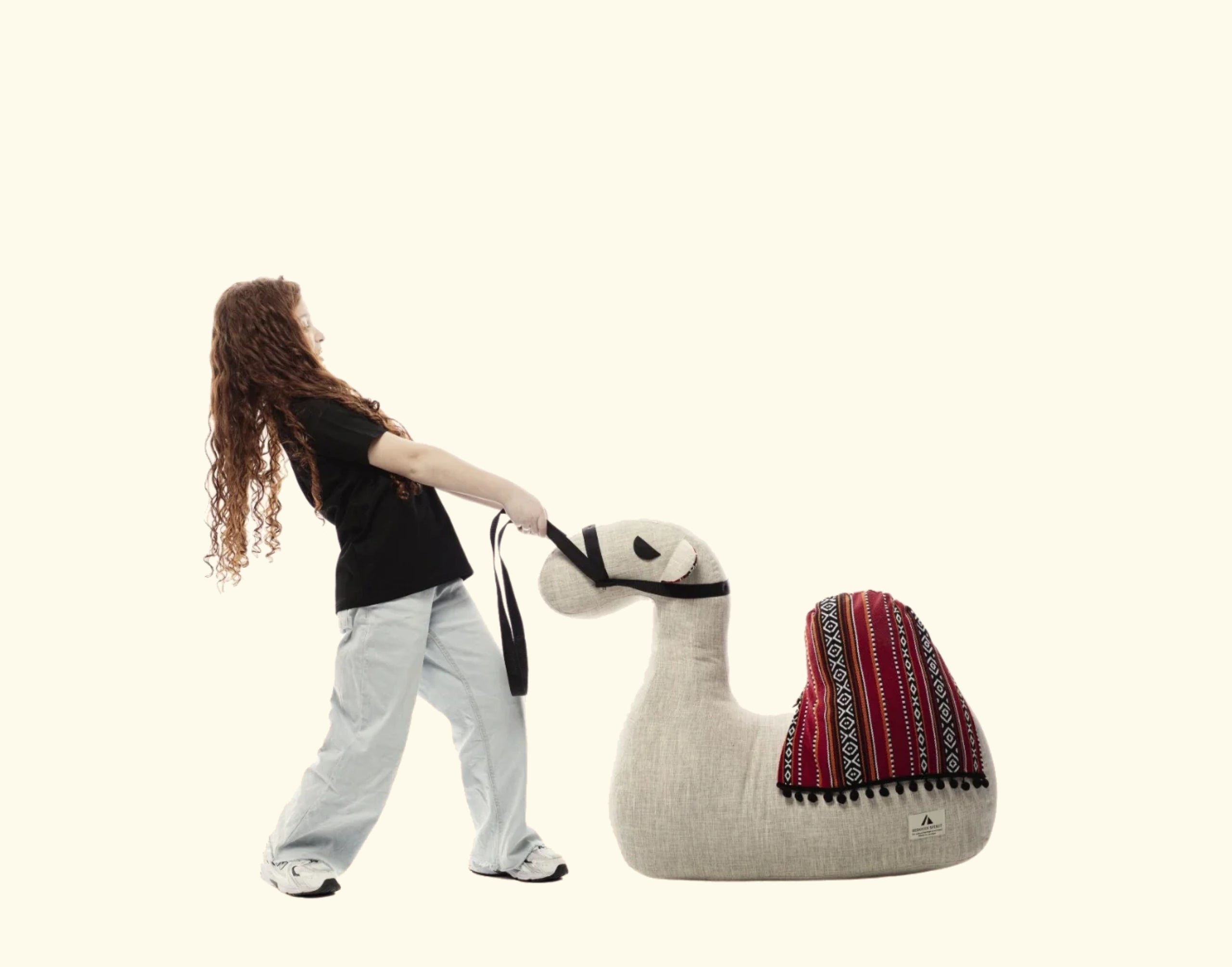 Person pulling a large, decorative goose-shaped bag with a patterned cover.